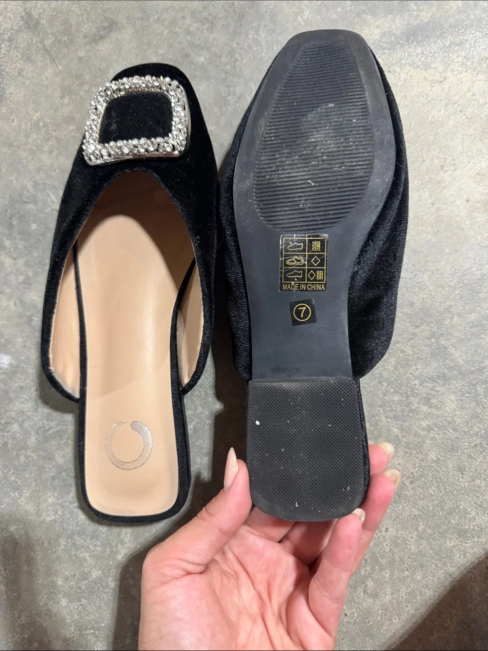 Black Velvet Slip-On Flats with Crystal Buckle Accent